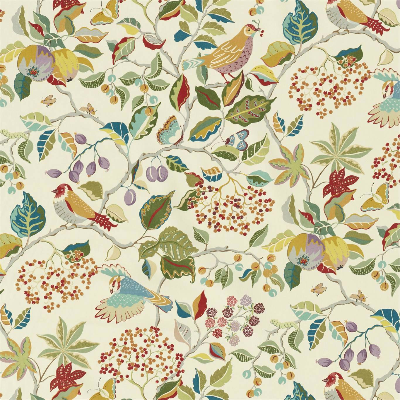 SANDERSON Birds & Berries Fabric Leaves , Trees Rowan Berry   - DNTF226729
