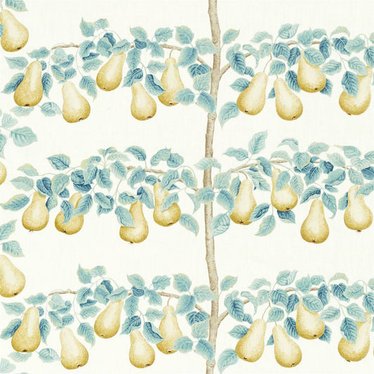 SANDERSON Perry Pears Fabric Leaves , Trees Gold,Aqua   - DNTF226734