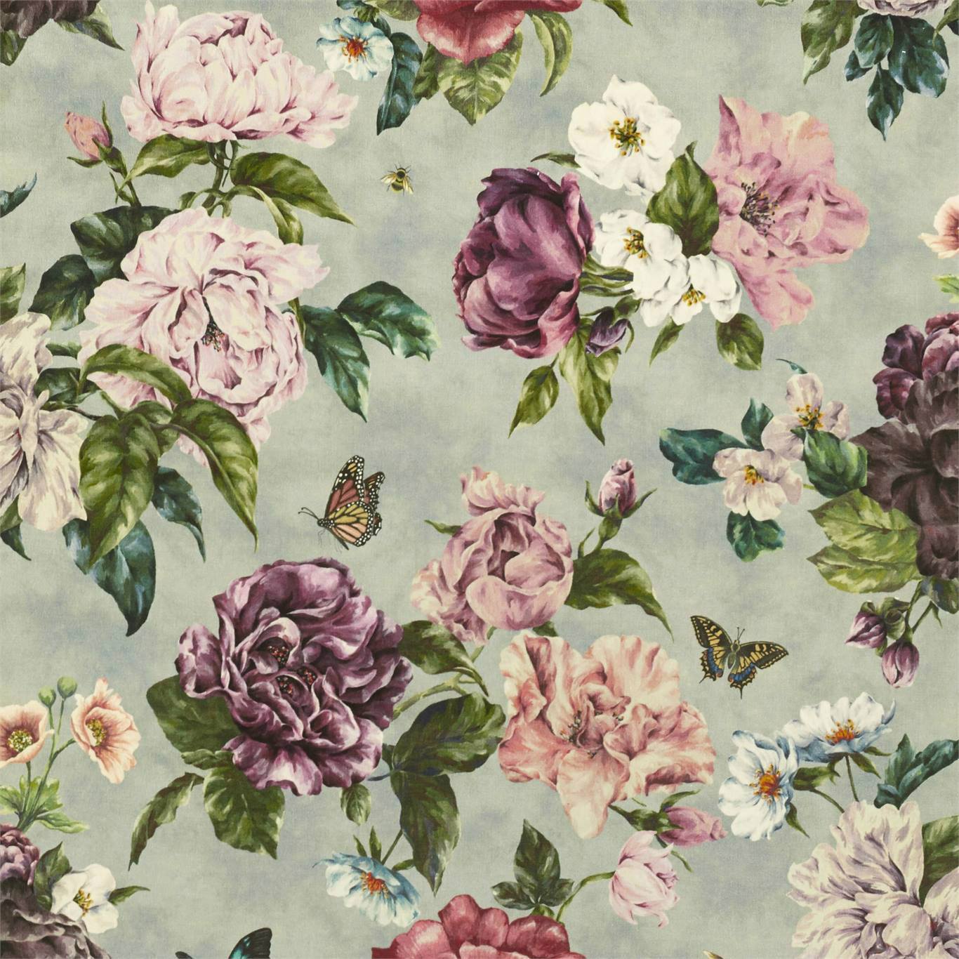 SANDERSON Summer Peony Fabric Classic Floral Vineyard,Rose   - DNTF226747
