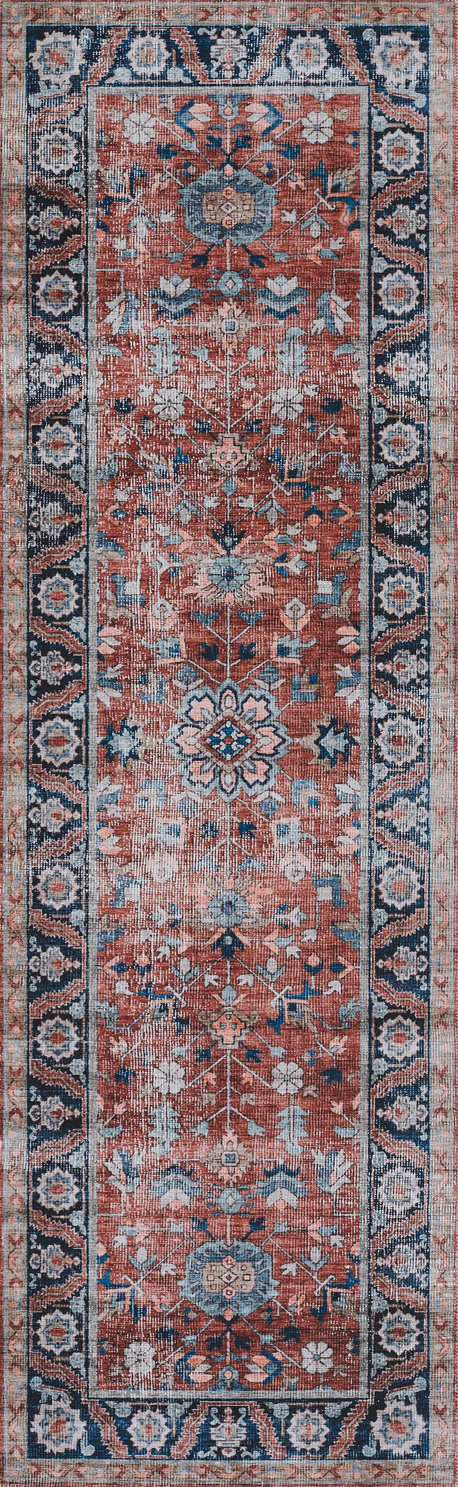 Persian-style runner rug with orange-red field, navy border and blue/ivory floral medallions; distressed vintage look.