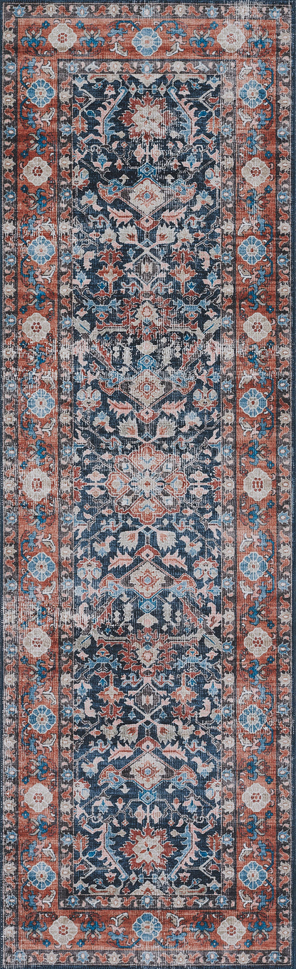 Persian-style runner rug with a navy field, ivory and coral floral motifs, and a red border.