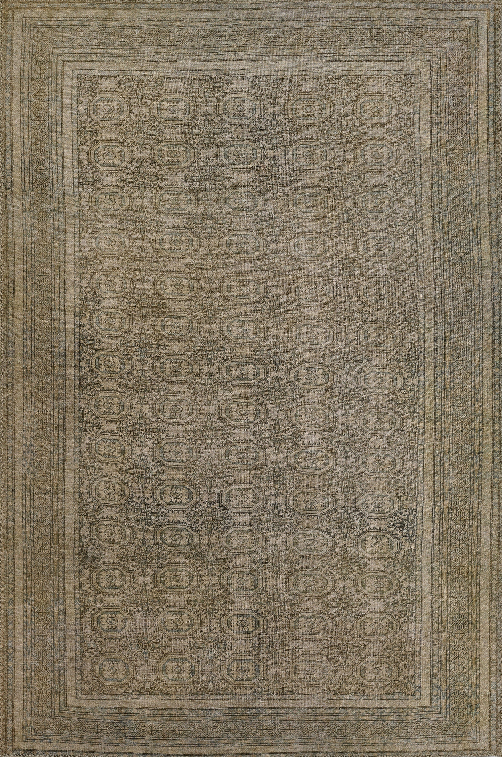 Rectangular distressed olive-green rug with antique beige border and intricate geometric medallion pattern.