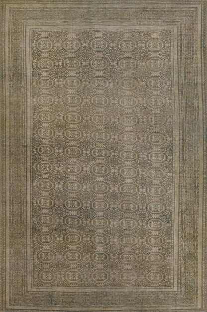 Rectangular distressed olive-green rug with antique beige border and intricate geometric medallion pattern.