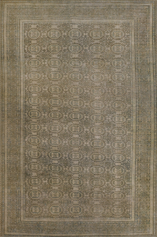 Rectangular distressed olive-green rug with antique beige border and intricate geometric medallion pattern.