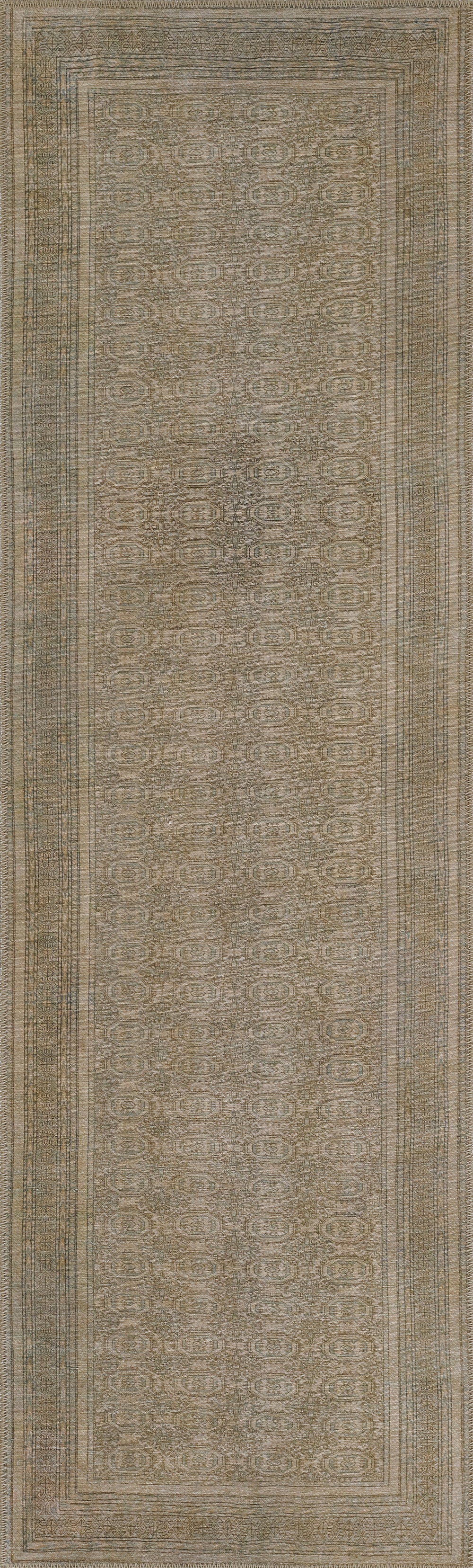Beige traditional area rug with an ornate border and a muted floral medallion pattern in warm neutral tones; 8' x 10'.