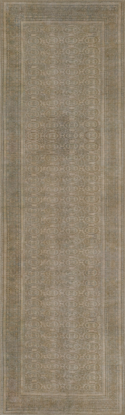 Beige traditional area rug with an ornate border and a muted floral medallion pattern in warm neutral tones; 8' x 10'.