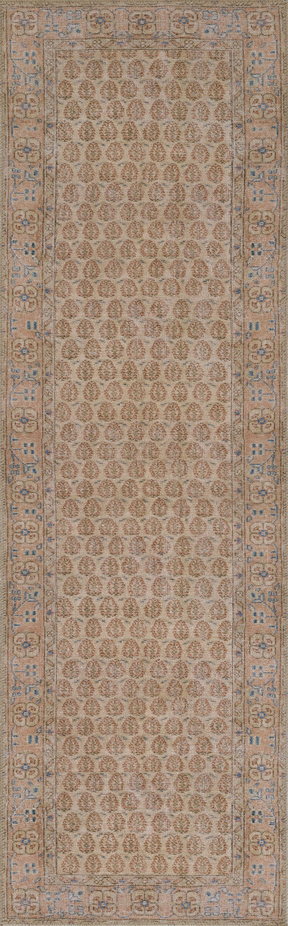 Traditional Persian-style runner rug with warm beige field, repeating medallions, and pale blue-grey border; wool.