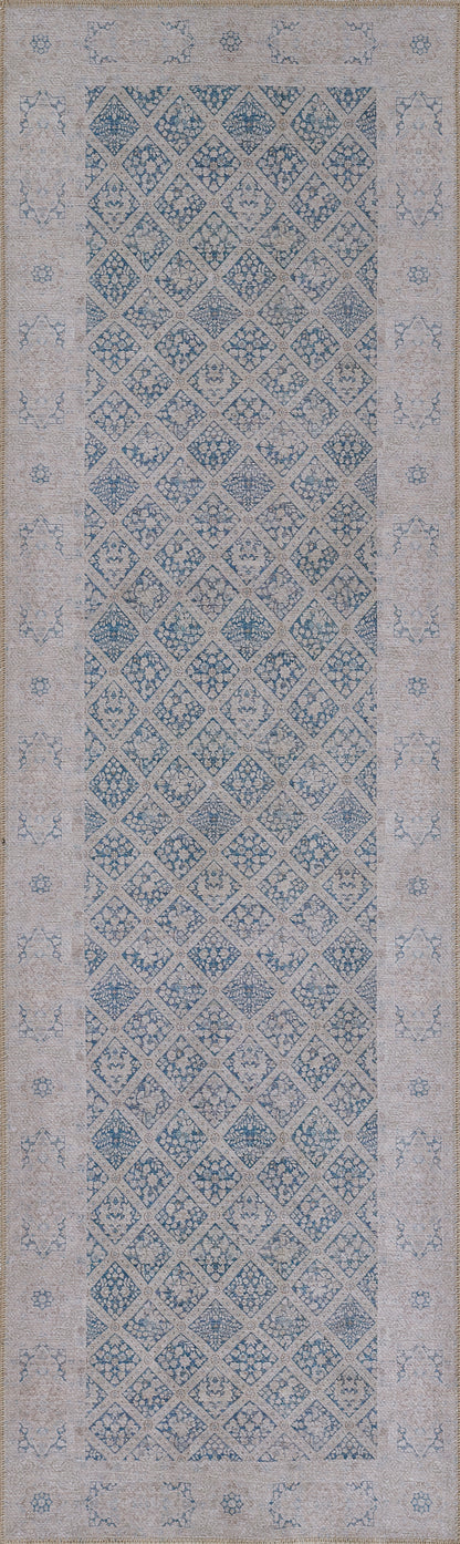 Blue and ivory rug with a diamond lattice pattern and floral border accents.