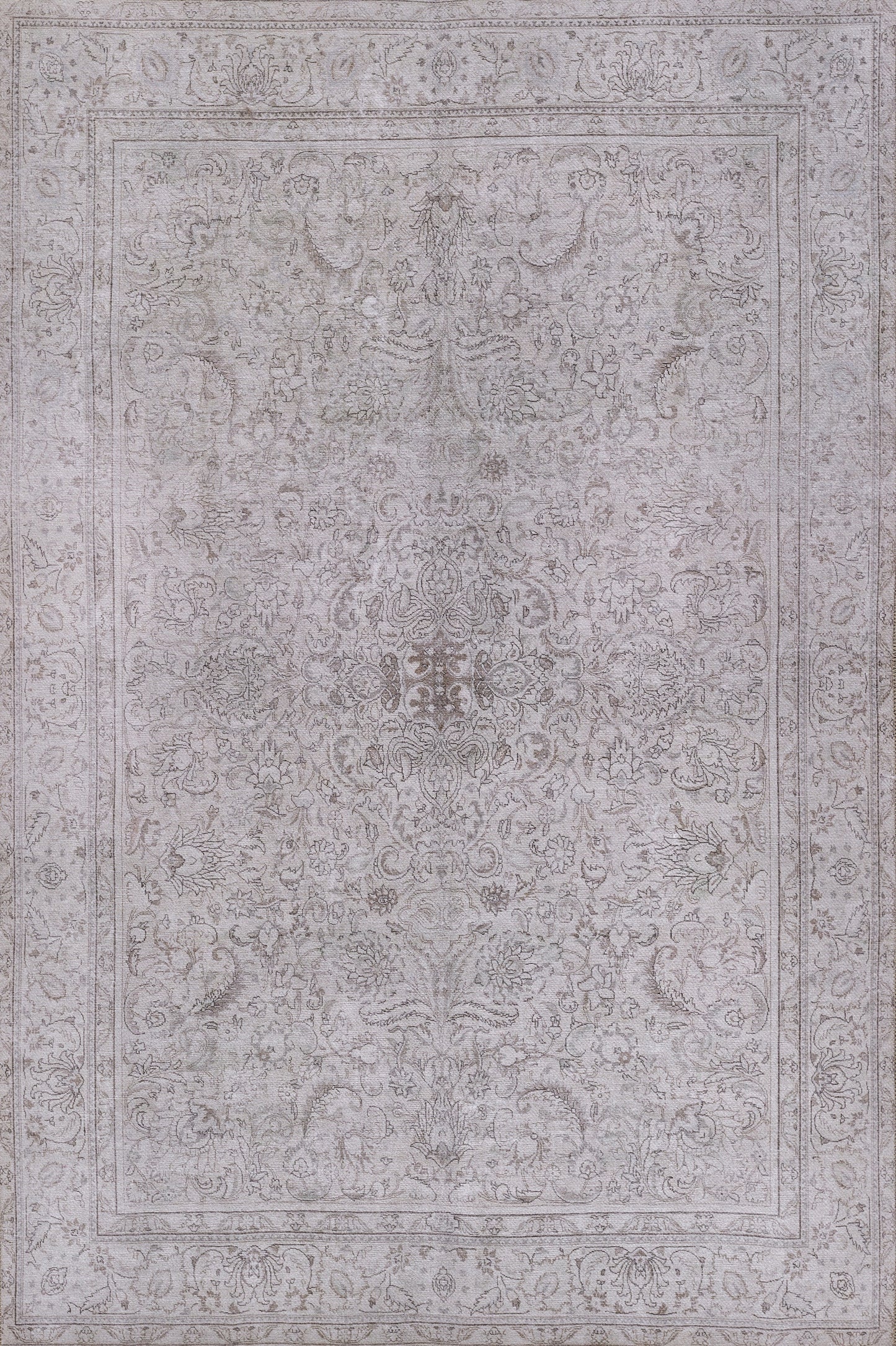 DORSEDOR-4GRY gray distressed oriental rug with ornate floral medallion design and decorative border.