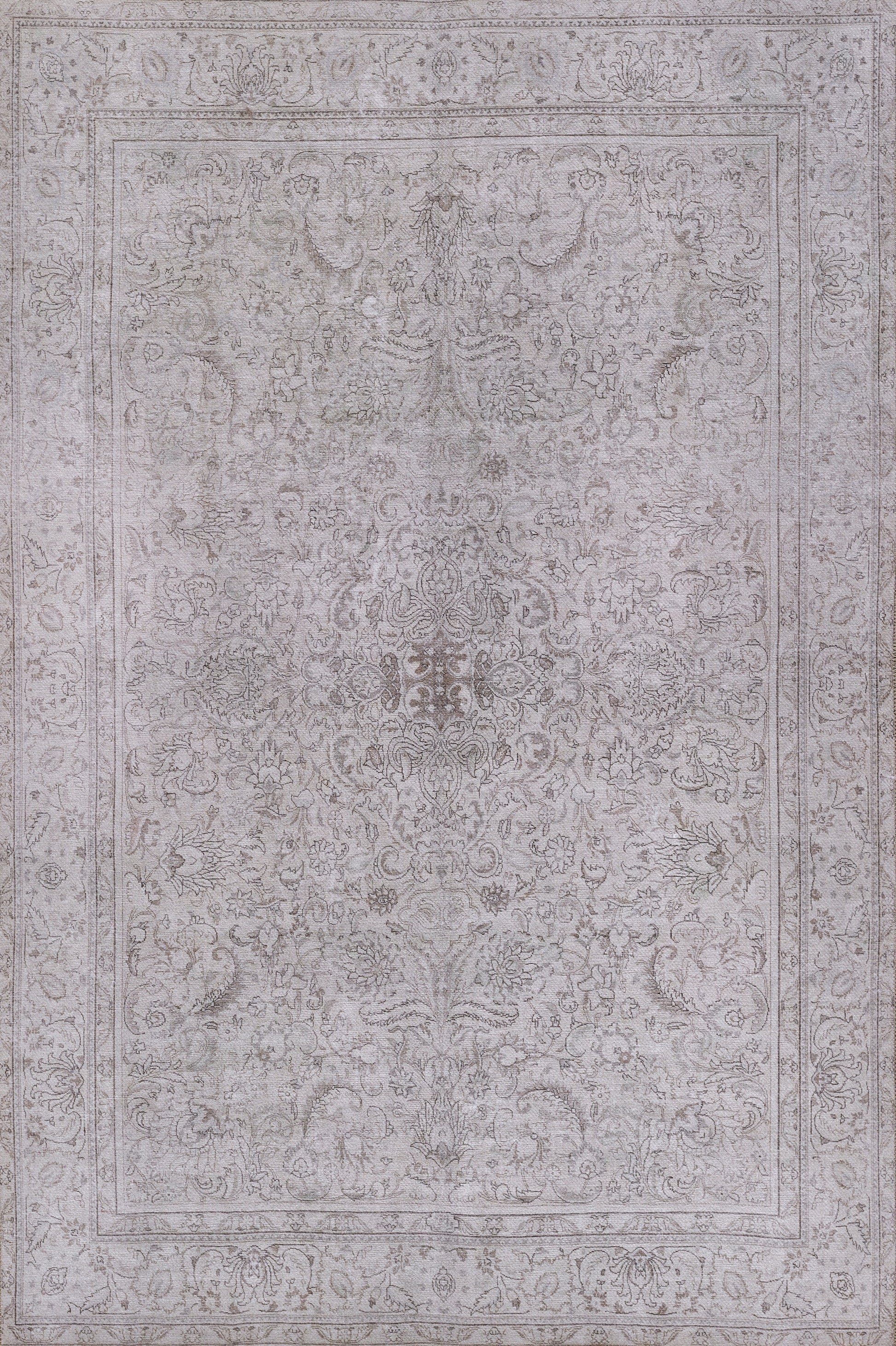 DORSEDOR-4GRY gray distressed oriental rug with ornate floral medallion design and decorative border.