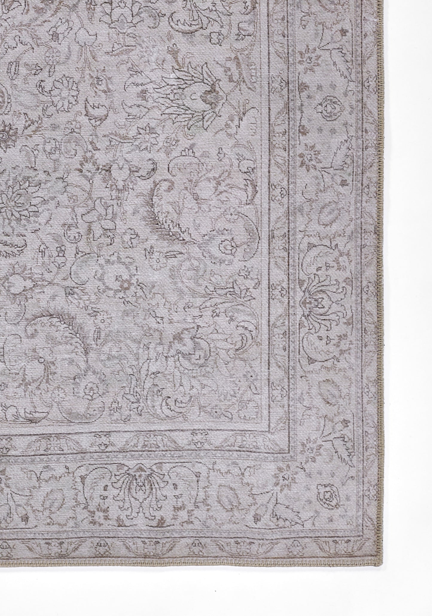 Gray Persian-style rectangular area rug with intricate floral motifs and layered decorative borders.