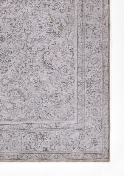 Gray Persian-style rectangular area rug with intricate floral motifs and layered decorative borders.