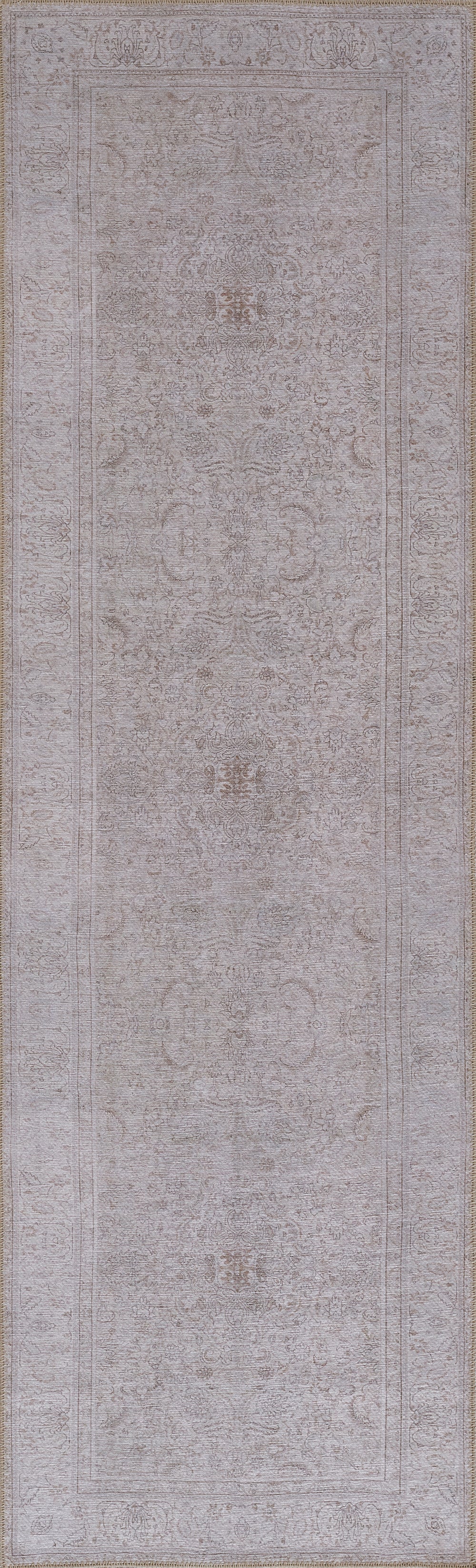 Grey distressed oriental rug with ornate border and muted central motifs, vintage look.