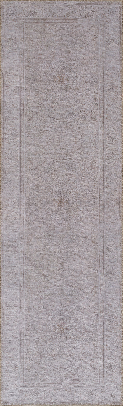 Grey distressed oriental rug with ornate border and muted central motifs, vintage look.