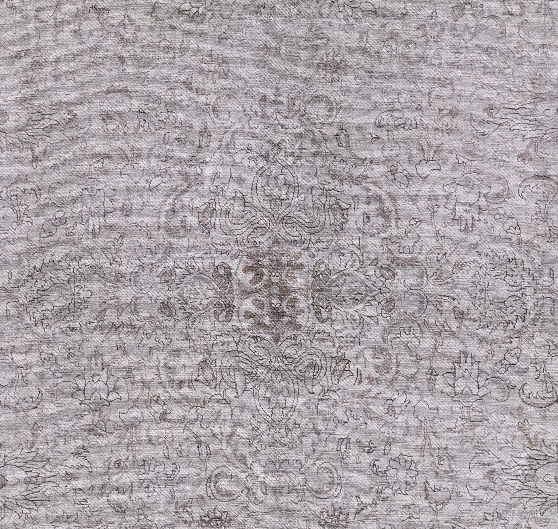 Gray damask patterned area rug with ornate floral medallion design and subtle texture.