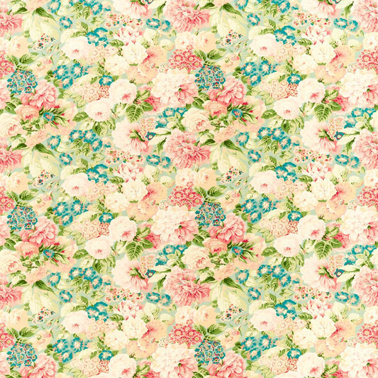 SANDERSON Rose & Peony Fabric Classic Floral Sage, Coral   - DOSF226860