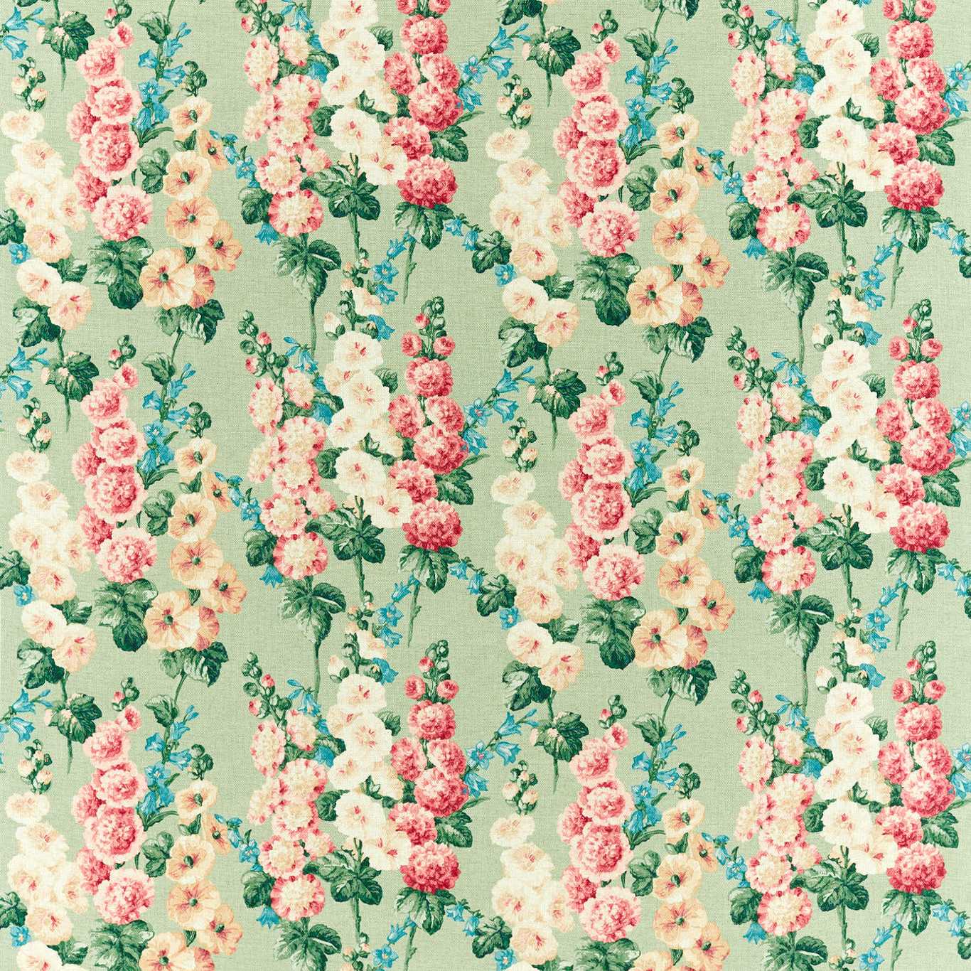 SANDERSON Hollyhocks Fabric Classic Floral Sage, Rose   - DOSF226862