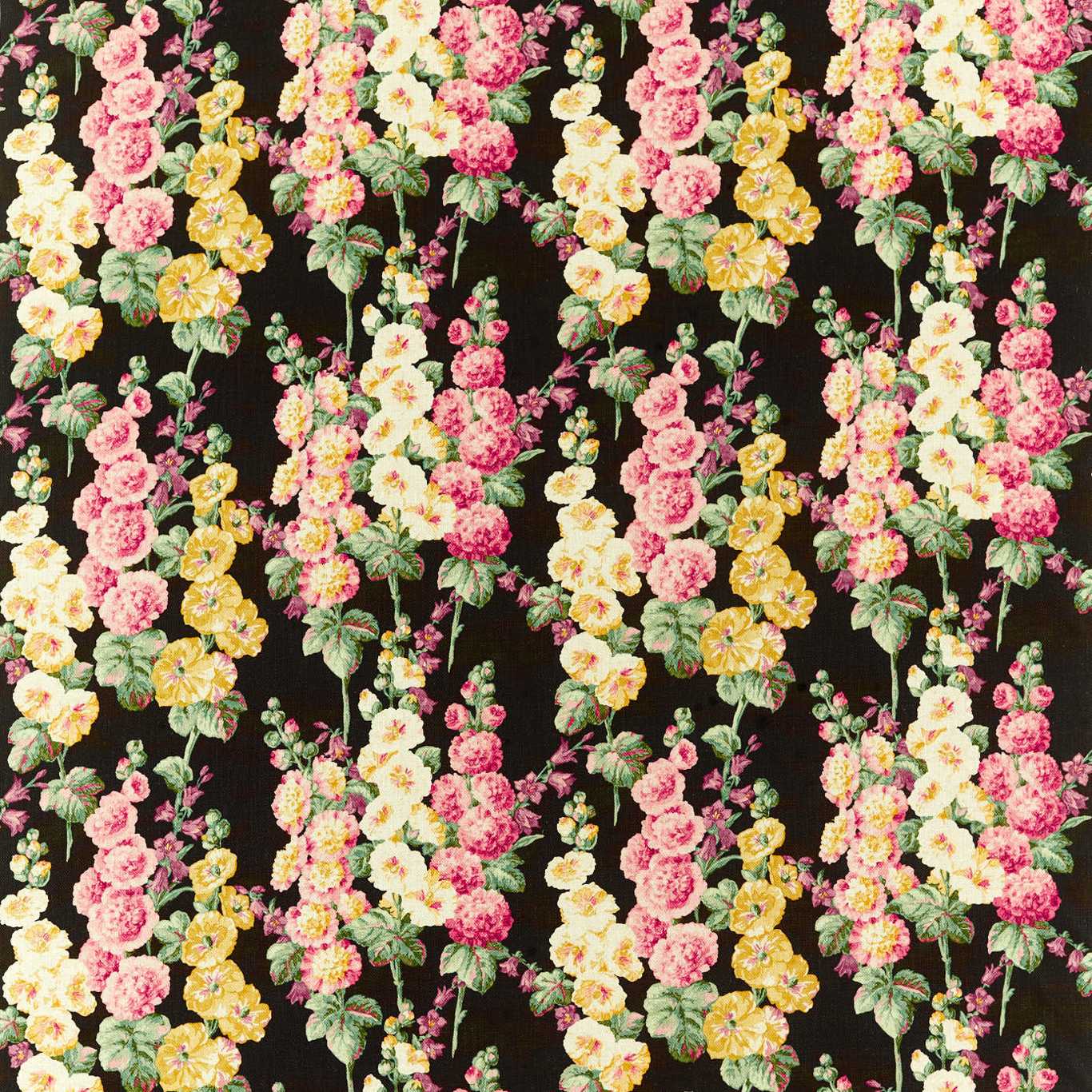 SANDERSON Hollyhocks Fabric Classic Floral Ebony, Cerise   - DOSF226863
