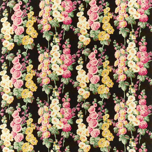 SANDERSON Hollyhocks Fabric Classic Floral Ebony, Cerise   - DOSF226863