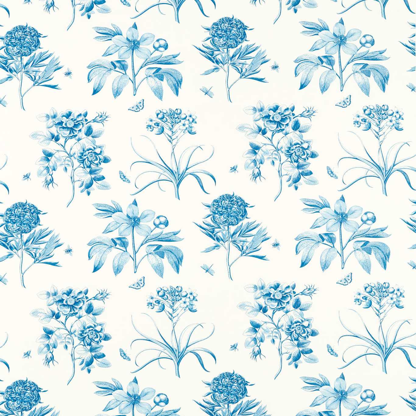 SANDERSON Etchings & Roses Fabric Classic Floral China, Blue   - DOSF226869
