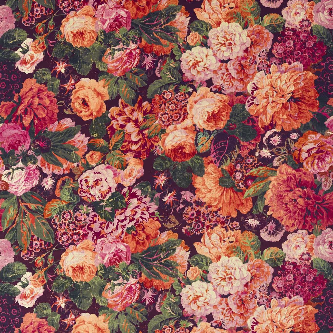 Vibrant floral tapestry fabric with large roses in pink, peach, coral and purple on a deep maroon background.