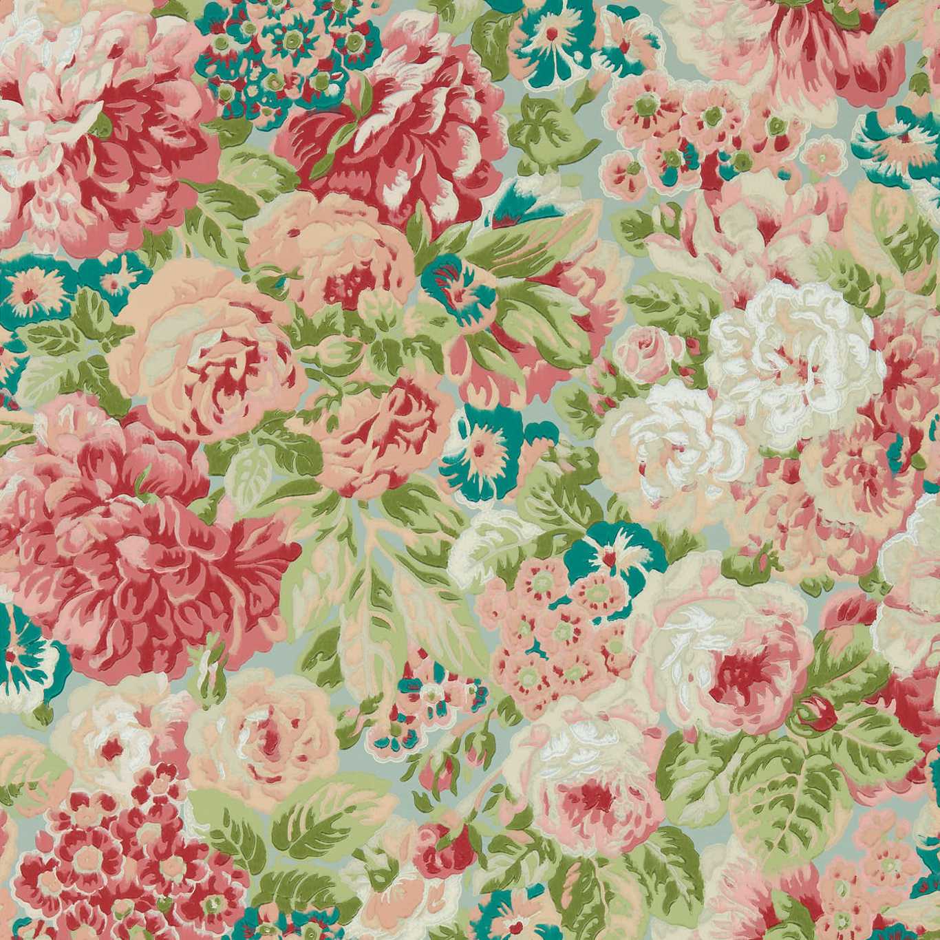 Vibrant vintage floral wallpaper print with pink, peach and white roses, green leaves and teal accents on a blue clay background.