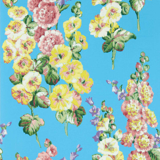 SANDERSON Hollyhocks  Wallpaper Classic Floral Fire Pink,Bright Blue  Surface- Printed Wallpaper - DOSW217033