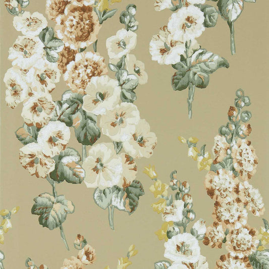 SANDERSON Hollyhocks  Wallpaper Classic Floral Gold Metallic,Tan  Surface- Printed Wallpaper - DOSW217034
