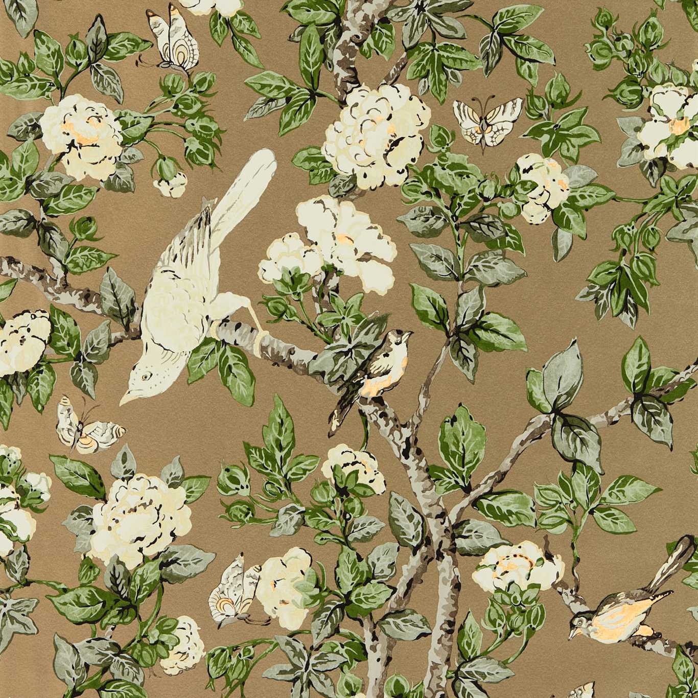 Tan botanical print wallpaper with cream flowers, green leaves, & white birds perched on tree branches.
