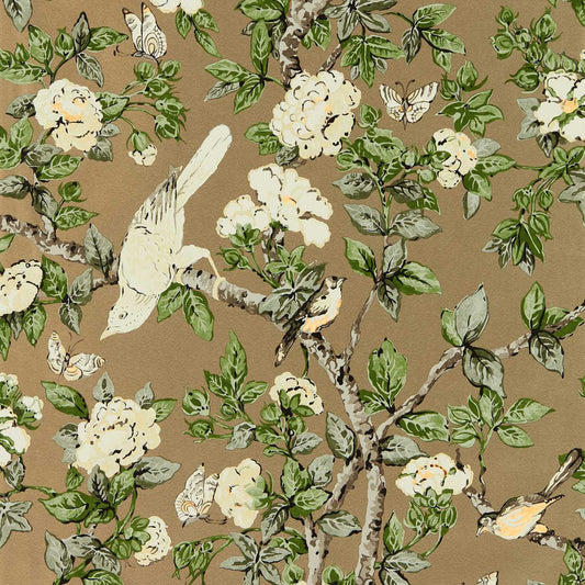 SANDERSON Caverley Wallpaper Leaves , Trees Gold Metallic,Gardenia Green  Gravure - Wide Width Printed Wallpaper - DOSW217036
