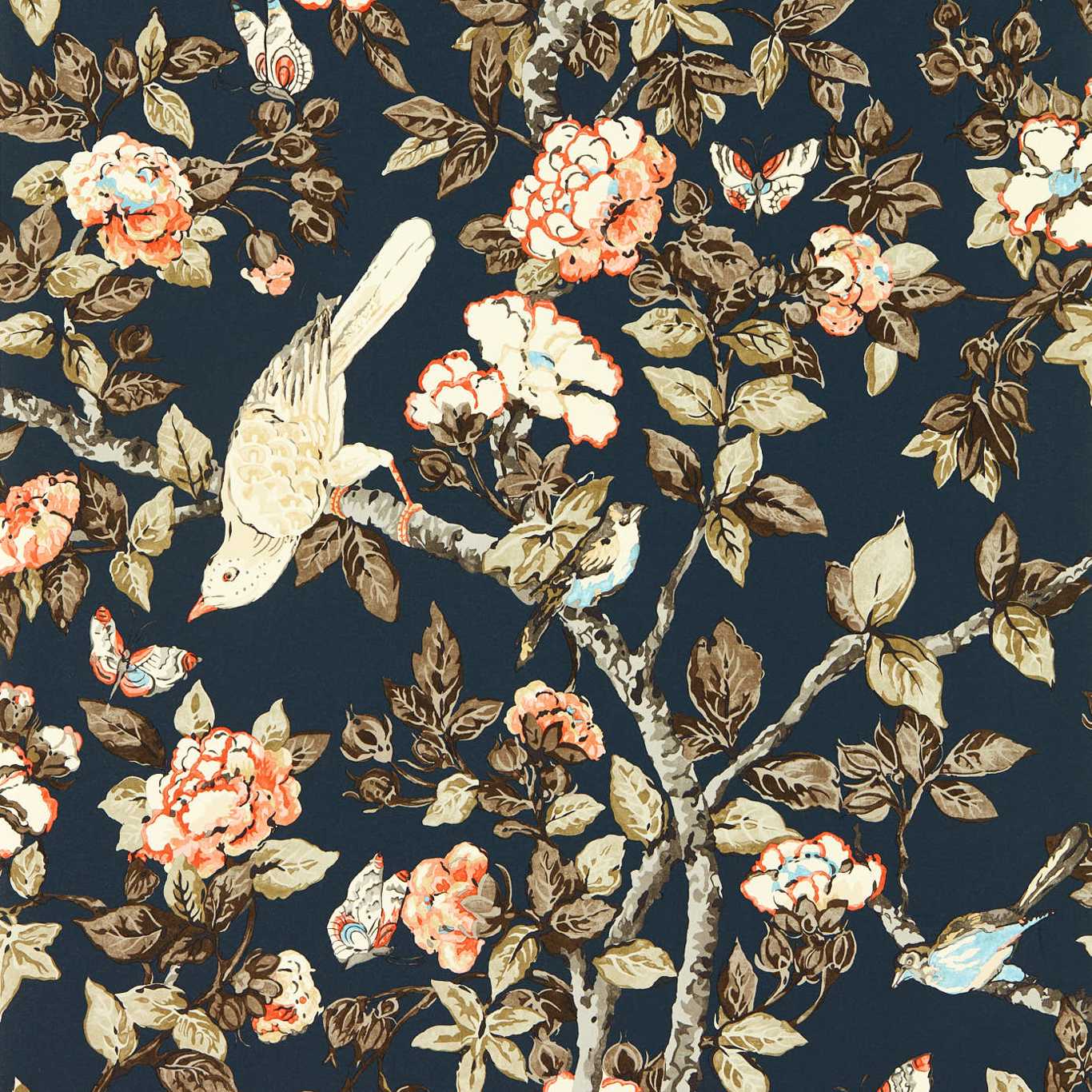 Indigo blue wallpaper with leaves and trees and rowan berries; gravure wide-width printed wallpaper.
