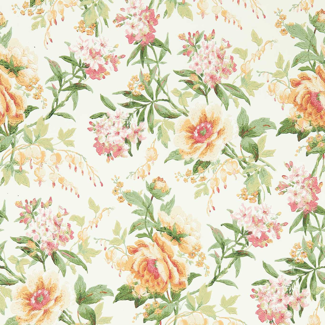 Cream wallpaper featuring peach roses, pink blossoms and green foliage in a vintage watercolor floral pattern.