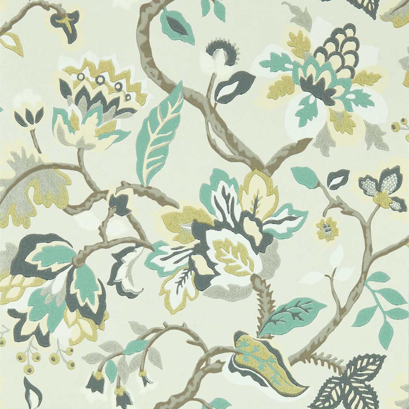 Pastel botanical wallpaper with twisting brown branches, teal leaves, and yellow-blue flowers on a grey-mist background.