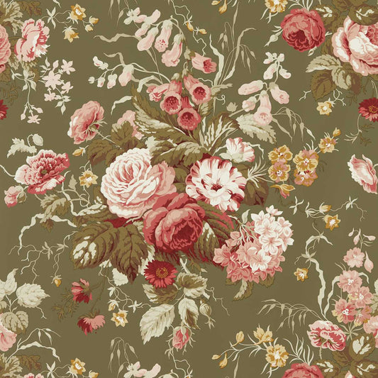 SANDERSON Stapleton Park  Wallpaper Classic Floral Olive,Bengal Red  Non Woven 150gsm - DOSW217046