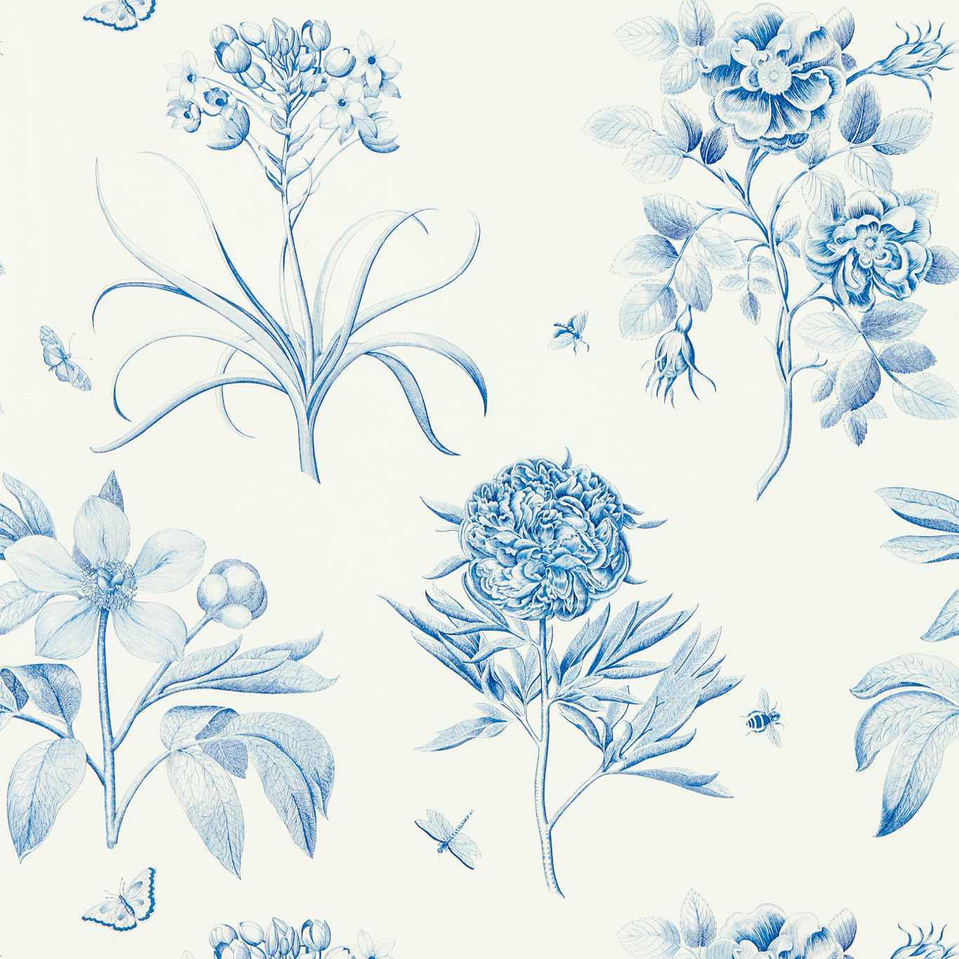 Blue botanical floral pattern with blossoms, leaves and butterflies on a pale background; wallpaper design.