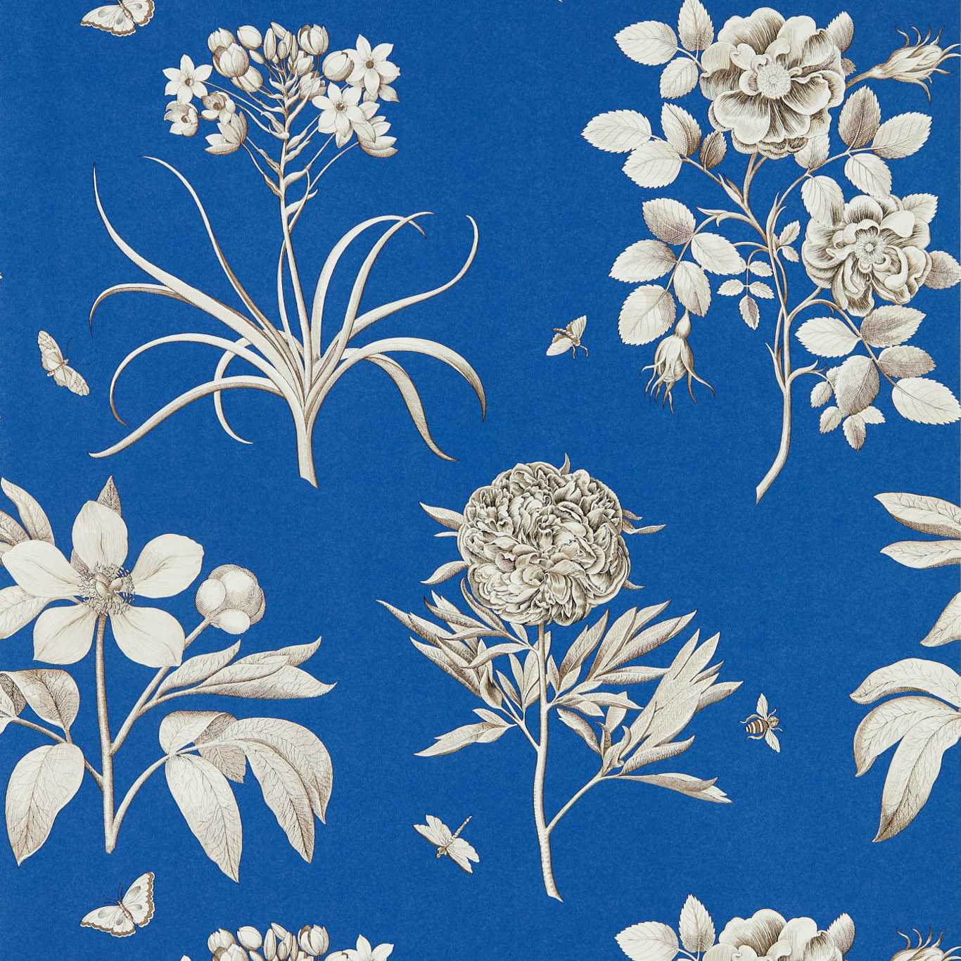Cream botanical illustrations on cobalt blue background; roses, peonies, leaves, and butterflies in vintage wallpaper style