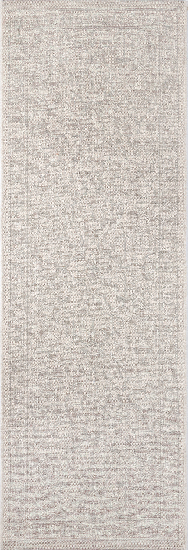 Gray-toned oriental-style runner rug with subtle border and geometric motifs; long narrow hallway rug.