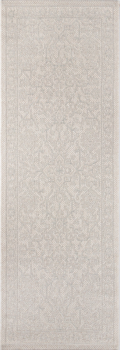 Gray-toned oriental-style runner rug with subtle border and geometric motifs; long narrow hallway rug.