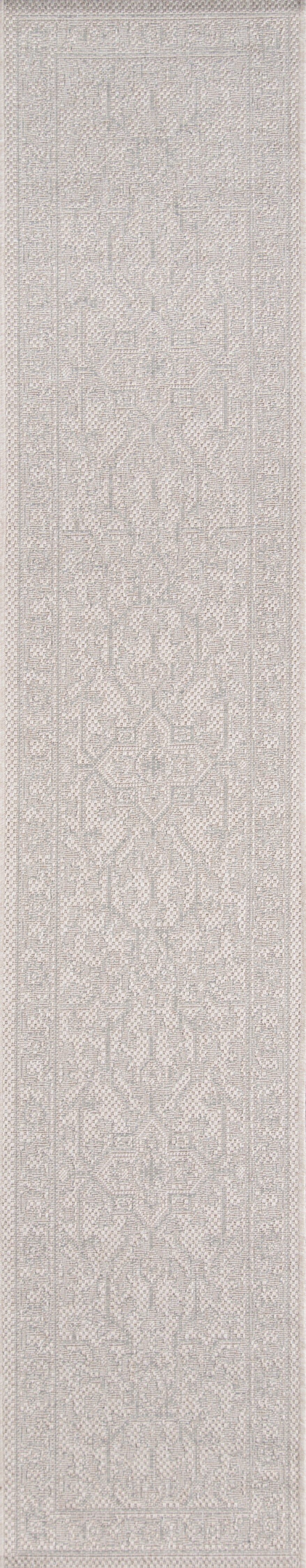 Textured grey rug runner with a subtle damask pattern; narrow, long decorative floor rug.