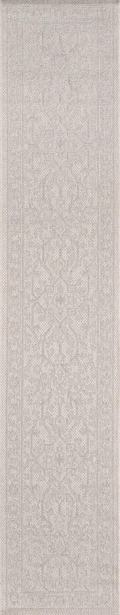 Textured grey rug runner with a subtle damask pattern; narrow, long decorative floor rug.