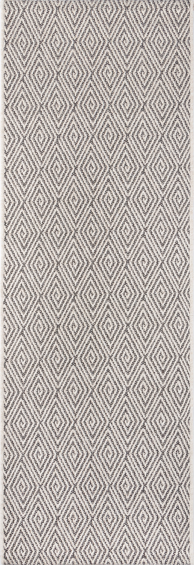 Beige and cream woven rug runner, 2' x 10', with a diamond lattice pattern; neutral geometric floor rug for a hallway or entry.