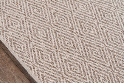Beige and cream geometric diamond rug with textured weave; rectangular, indoor living room decor.