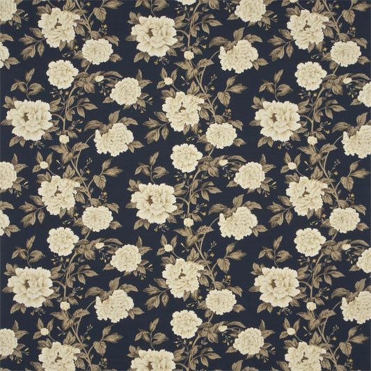 SANDERSON OUTLET Peony Tree Fabric Classic Floral Midnight Blue,Primrose   - DPEMPT205