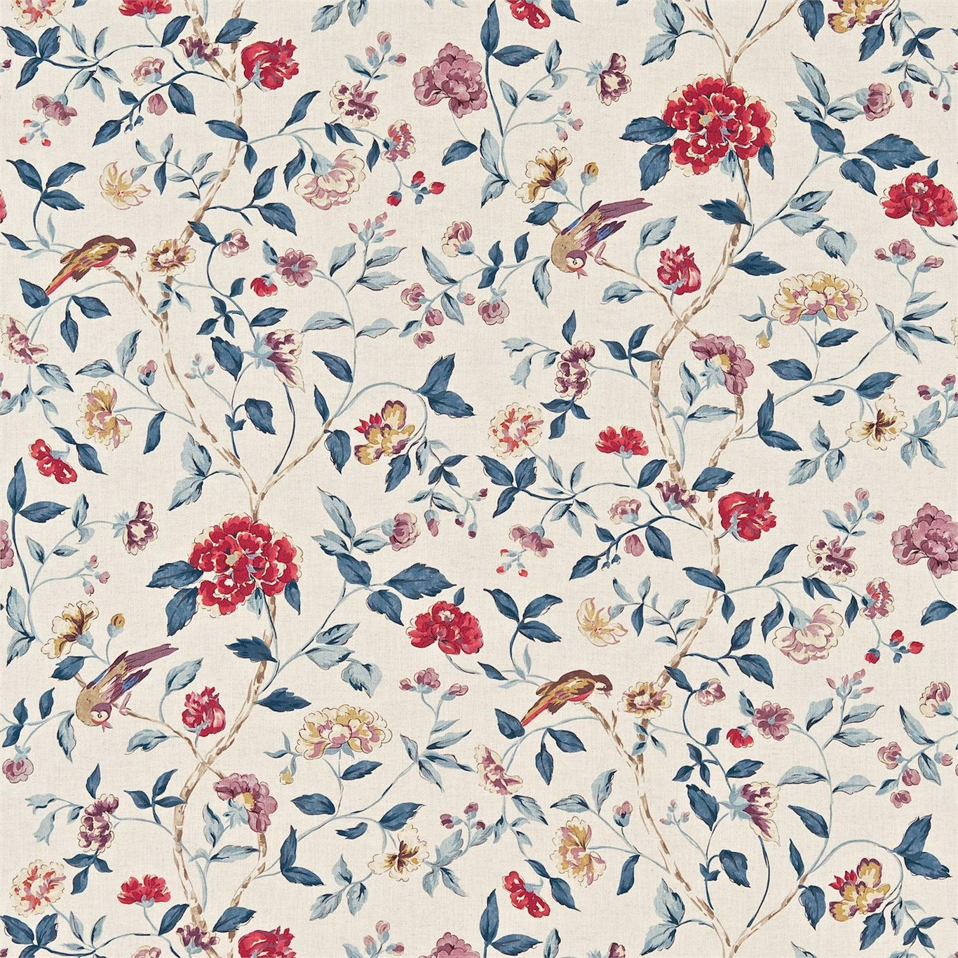 SANDERSON Sissinghurst Fabric Classic Floral Indigo, Ruby   - DRCH222079