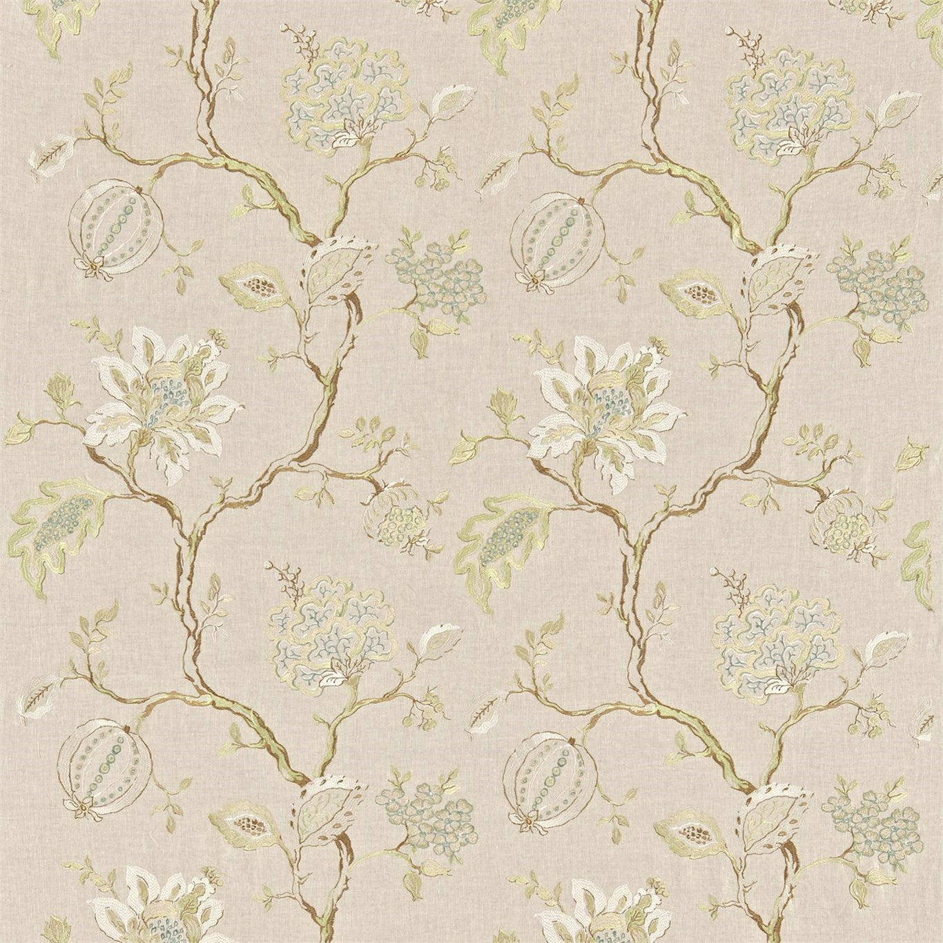 SANDERSON Hadham Embridery Fabric Leaves , Trees Pearl, Linen   - DRCH232093