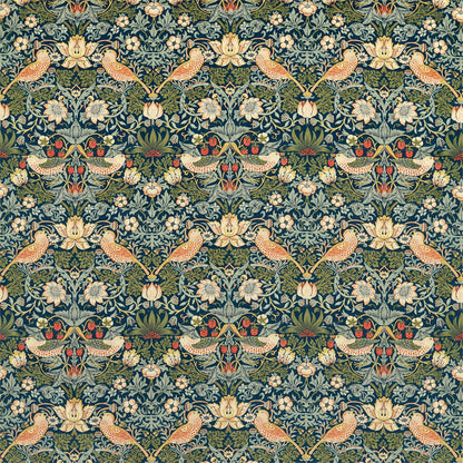 Morris and Co Strawberry Thief velvet fabric Indigo Thyme, luxury cotton velvet upholstery fabric with bird and floral pattern, William Morris design, durable fabric for curtains, pillows, headboards, and classic vintage interiors.