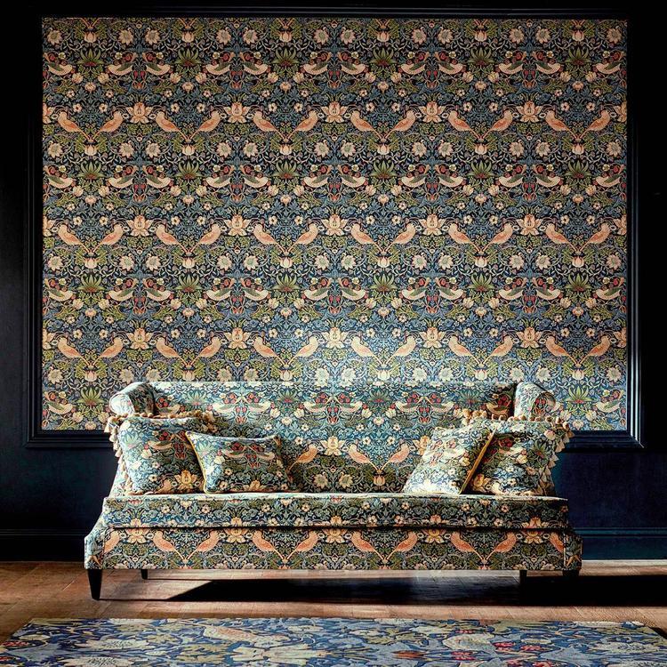 Morris and Co Strawberry Thief velvet fabric Indigo Thyme, luxury cotton velvet upholstery fabric with bird and floral pattern, William Morris design, durable fabric for curtains, pillows, headboards, and classic vintage interiors.