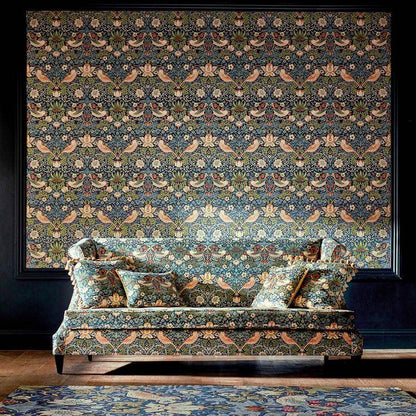 Morris and Co Strawberry Thief velvet fabric Indigo Thyme, luxury cotton velvet upholstery fabric with bird and floral pattern, William Morris design, durable fabric for curtains, pillows, headboards, and classic vintage interiors.
