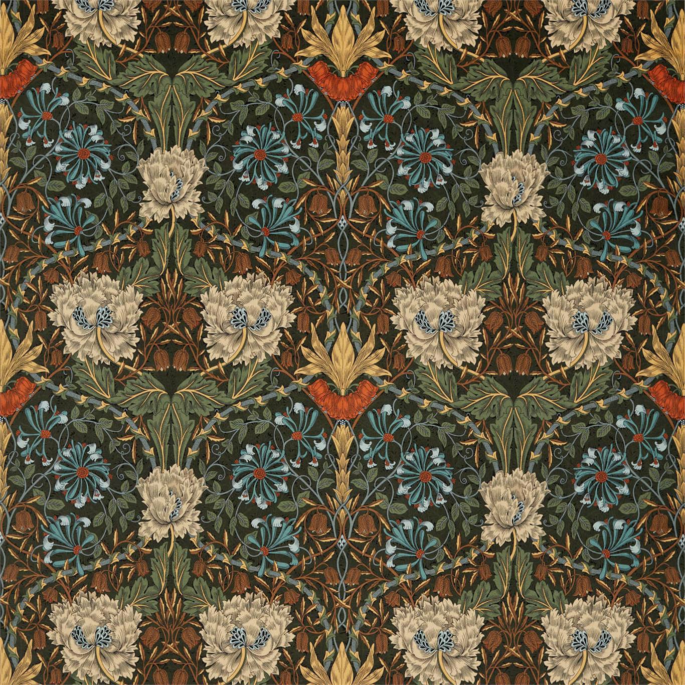 MORRIS & CO Honeysuckle and Tulip Velvet Fabric Contemporary, Floral Forest,Chestnut   - DROF236939