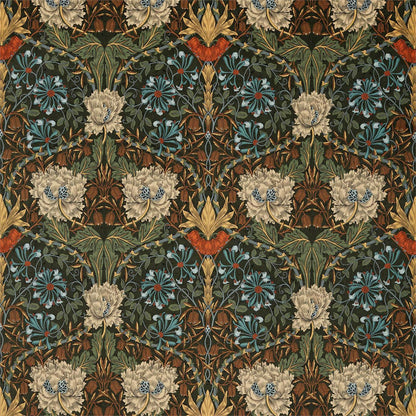 MORRIS & CO Honeysuckle and Tulip Velvet Fabric Contemporary, Floral Forest,Chestnut   - DROF236939